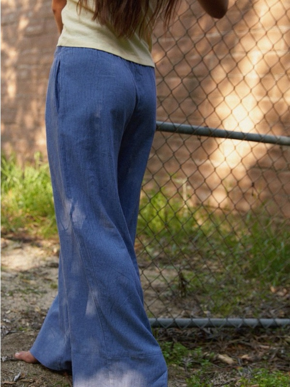 LA Relaxed Navy Stripe Washed Linen Wide Leg Pant Size Small - Picture 4 of 5